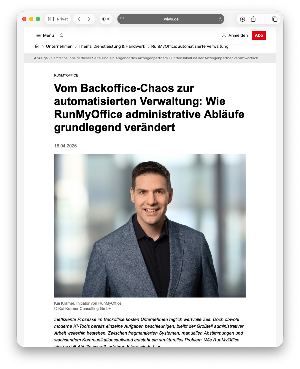WirtschaftsWoche: Vom Backoffice-Chaos zur automatisierten Verwaltung – wie RunMyOffice administrative Abläufe grundlegend verändert